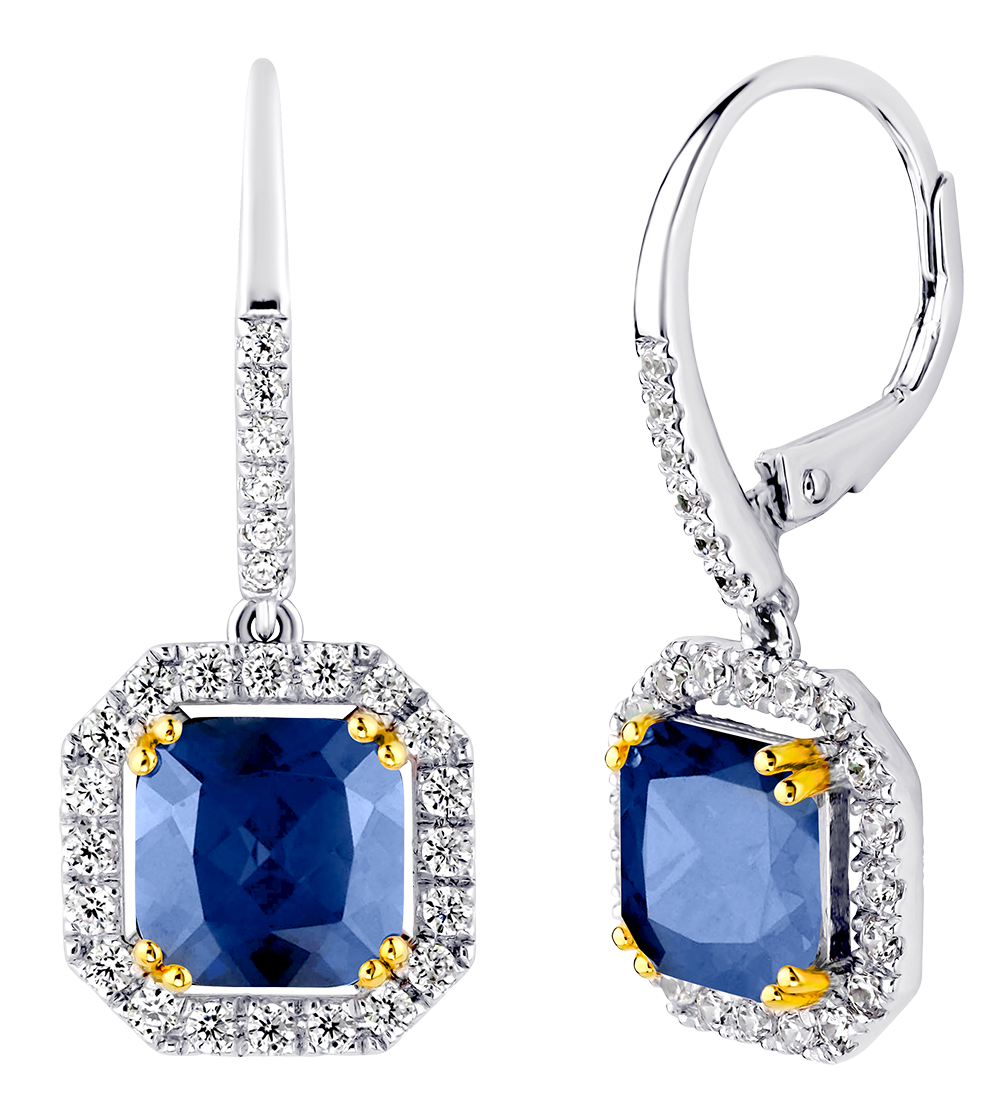 Sterling Silver Lab Created Sapphire Cushion Cut Drops with 18 KGP Prongs & Stone Detailing on Back