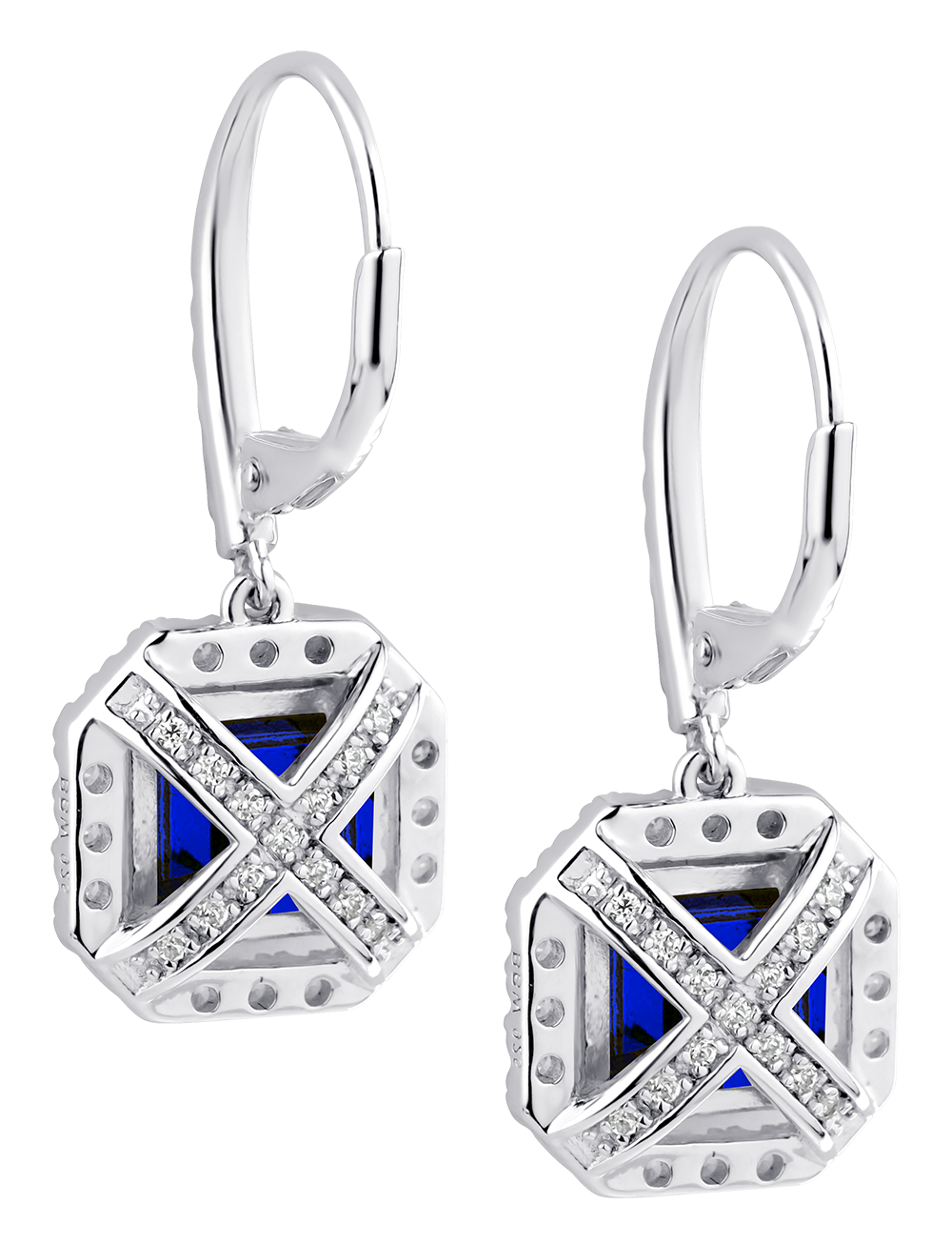 Sterling Silver Lab Created Sapphire Cushion Cut Drops with 18 KGP Prongs & Stone Detailing on Back