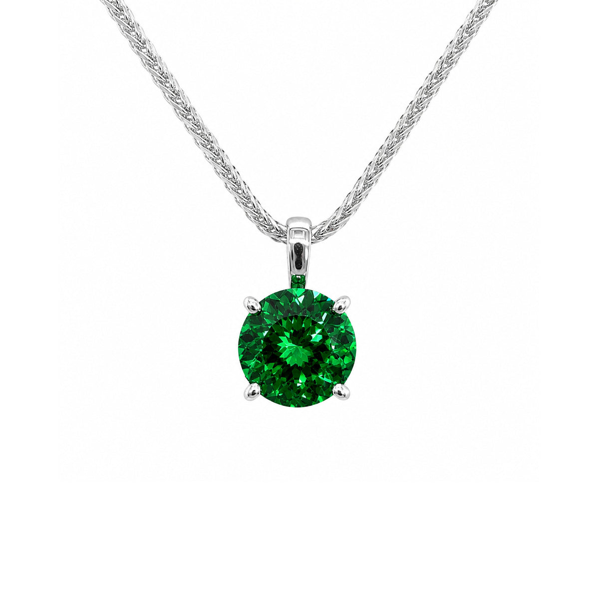 Haute Couture Composers Collection Round 2 Carat Centurion Cut Emerald-Hued Pendant on Sterling 1.2mm Diamond Cut Wheat Chain, 19″ Adjustable