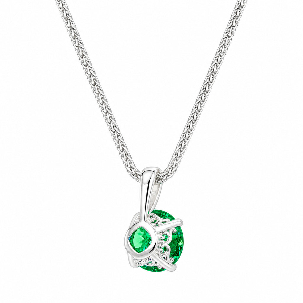 Haute Couture Composers Collection Round 2 Carat Centurion Cut Emerald-Hued Pendant on Sterling 1.2mm Diamond Cut Wheat Chain, 19″ Adjustable