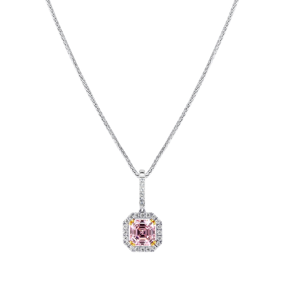 Sterling Fancy Light Pink Asscher Cut Pendant on 18″ Sterling Silver 1.1mm Round Weat Chain