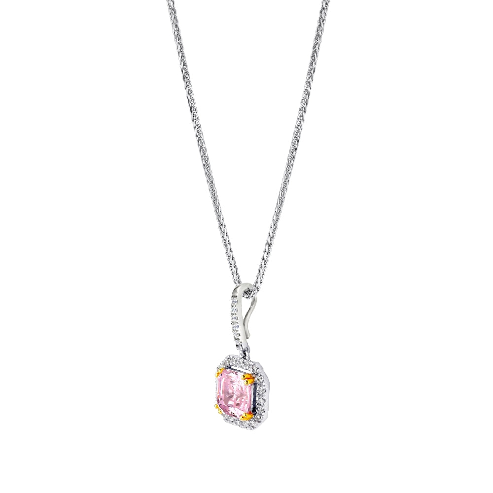 Sterling Fancy Light Pink Asscher Cut Pendant on 18″ Sterling Silver 1.1mm Round Weat Chain