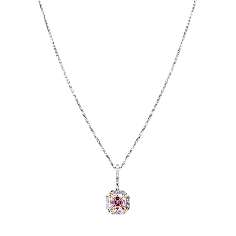 Sterling Fancy Light Pink Asscher Cut Pendant on 18″ Sterling Silver 1.1mm Round Weat Chain