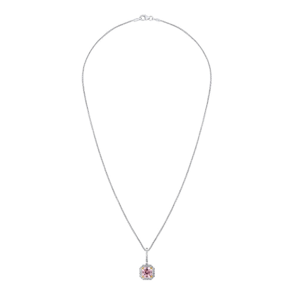 Sterling Fancy Light Pink Asscher Cut Pendant on 18″ Sterling Silver 1.1mm Round Weat Chain