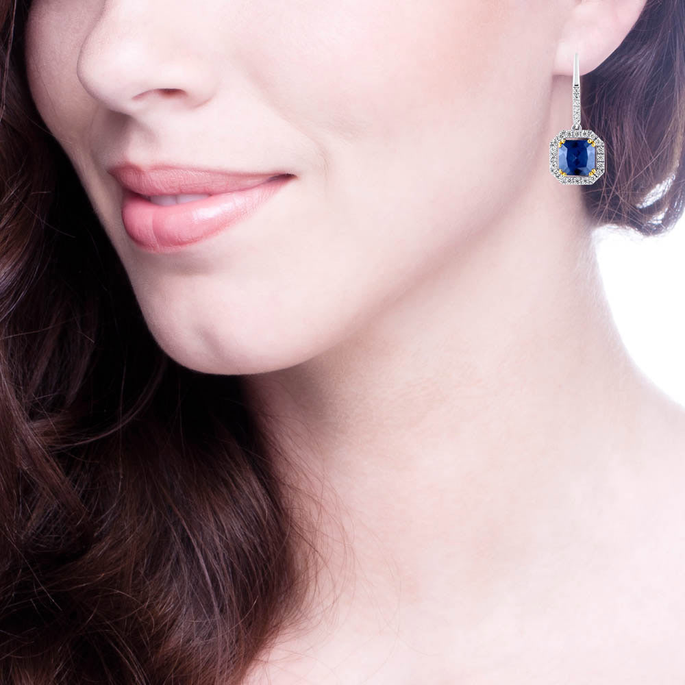 Sterling Silver Lab Created Sapphire Cushion Cut Drops with 18 KGP Prongs & Stone Detailing on Back