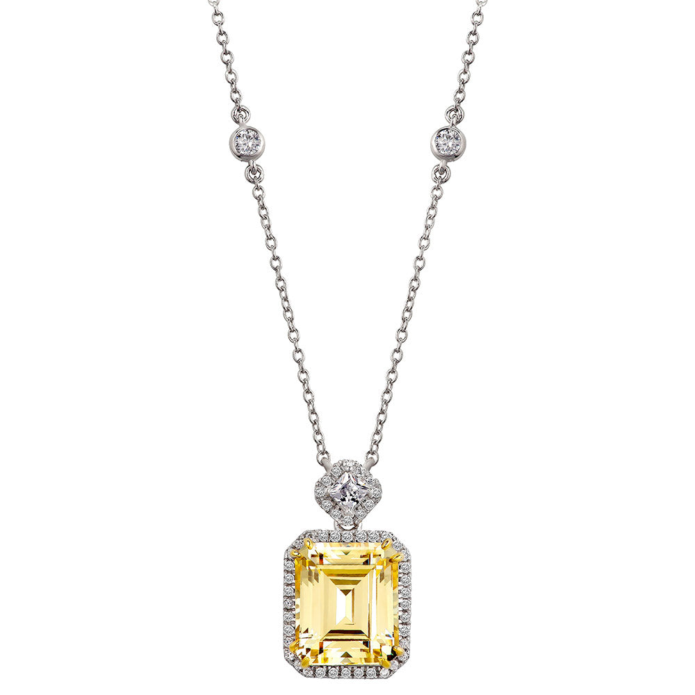 Silver Fancy Light Yellow Emerald Cut Station Necklace with 18 KGP Prongs