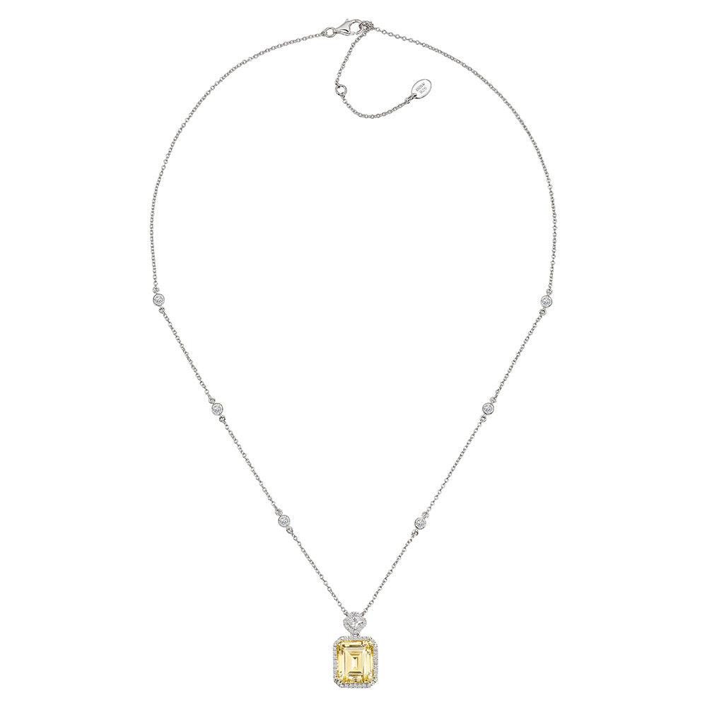 Silver Fancy Light Yellow Emerald Cut Station Necklace with 18 KGP Prongs