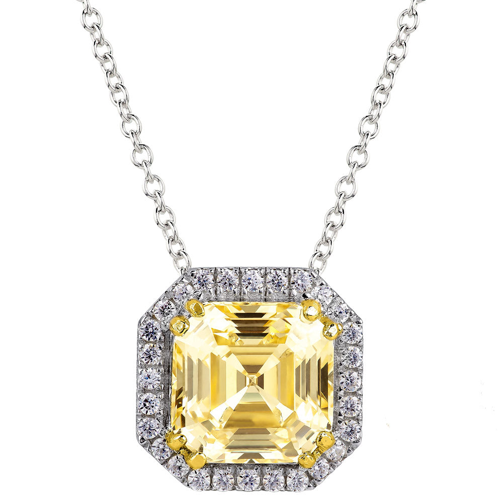 Sterling Silver Fancy Light Yellow 3 Carat Asscher Cut Necklace with Halo and 18 KGP Prongs
