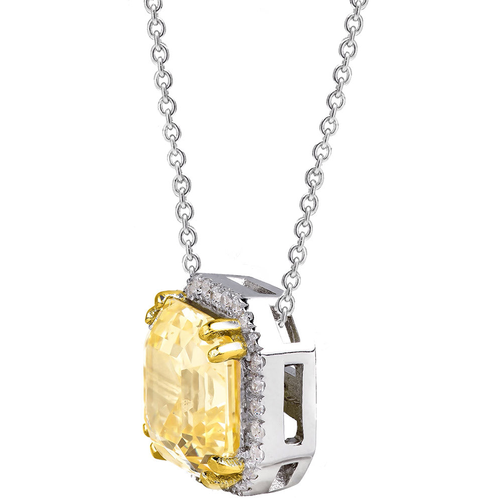 Sterling Silver Fancy Light Yellow 3 Carat Asscher Cut Necklace with Halo and 18 KGP Prongs