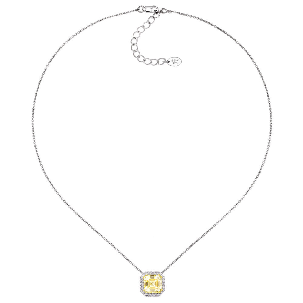 Sterling Silver Fancy Light Yellow 3 Carat Asscher Cut Necklace with Halo and 18 KGP Prongs