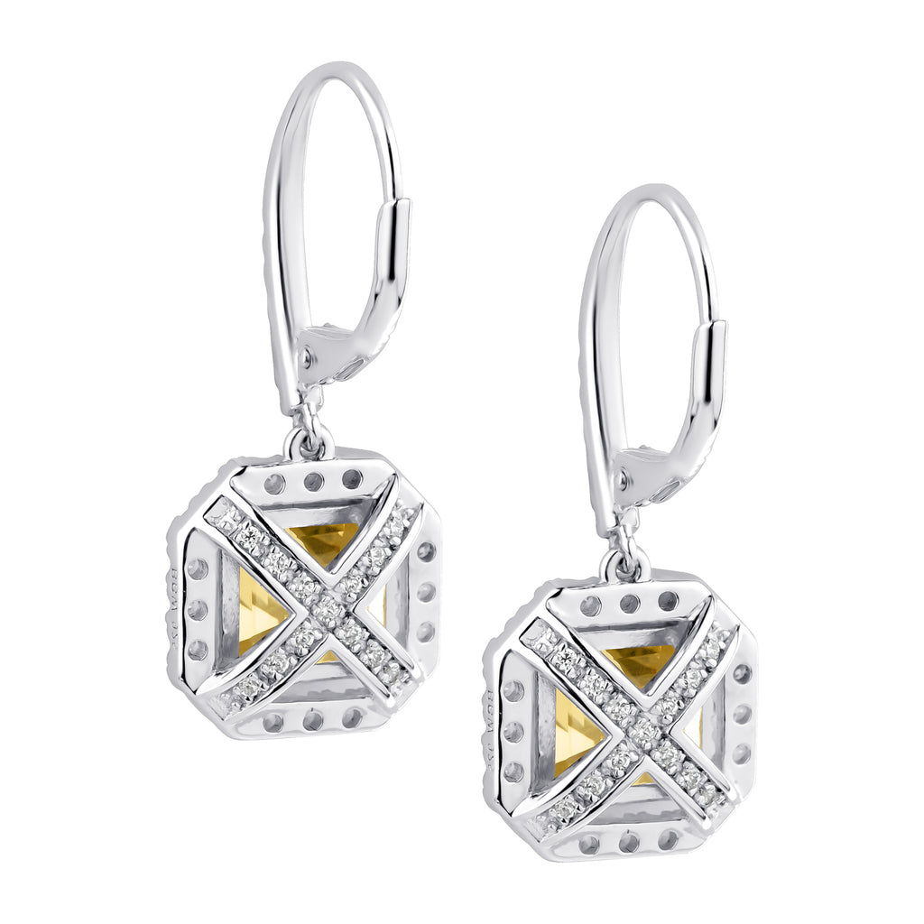 Sterling Silver Fancy Light Yellow Asscher Cut Drops with 18 KGP Prongs & Stone Detailing on Back