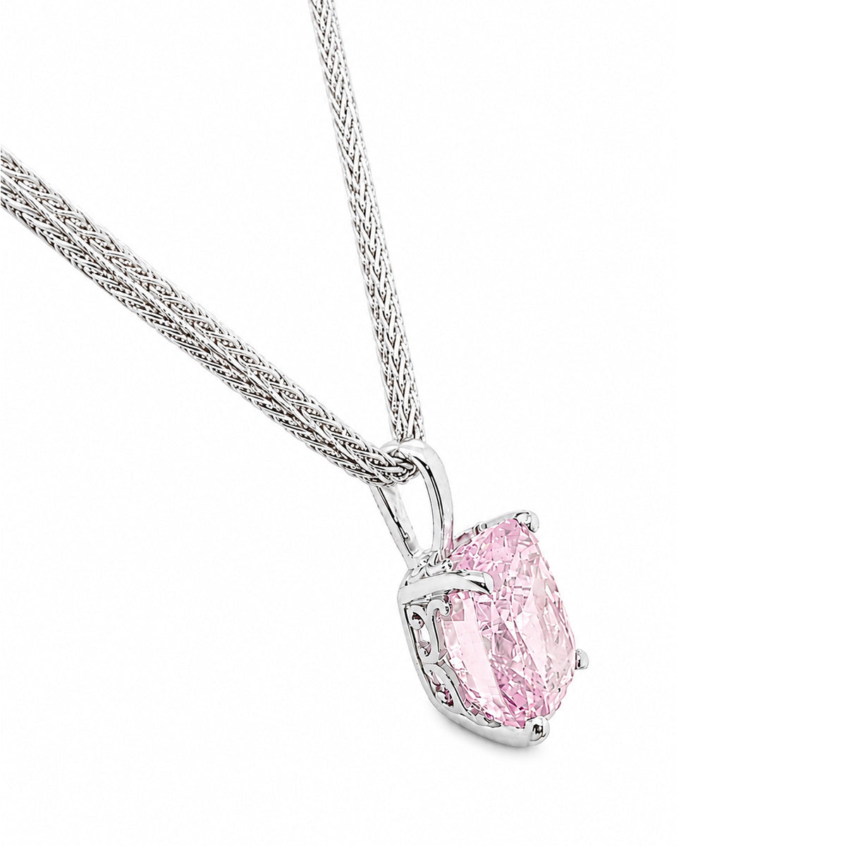 Haute Couture Composers Collection Elongated Crushed Ice Cushion Cut 12 Carat Fancy Light Pink Pendant on 2 Sterling 1.1mm Round Wheat Chains