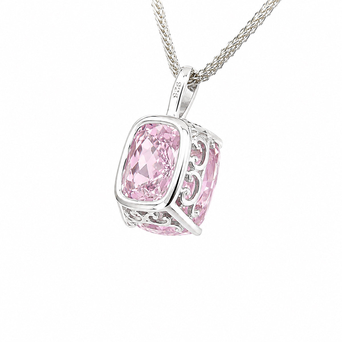 Haute Couture Composers Collection Elongated Crushed Ice Cushion Cut 12 Carat Fancy Light Pink Pendant on 2 Sterling 1.1mm Round Wheat Chains