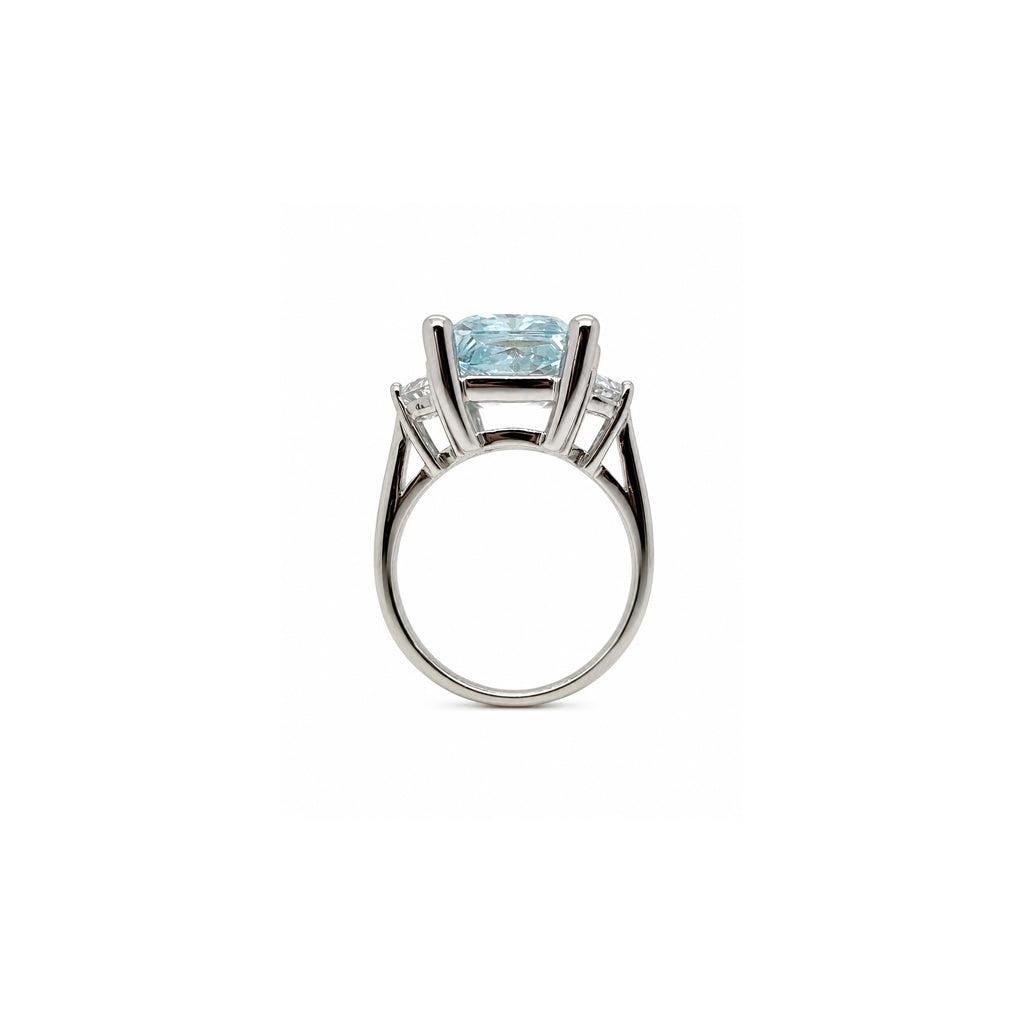 Haute Couture Composers Collection Radiant Crushed Ice Cut 12 Carat Light Aquamarine-Hued Ring with White Half Moon Accents