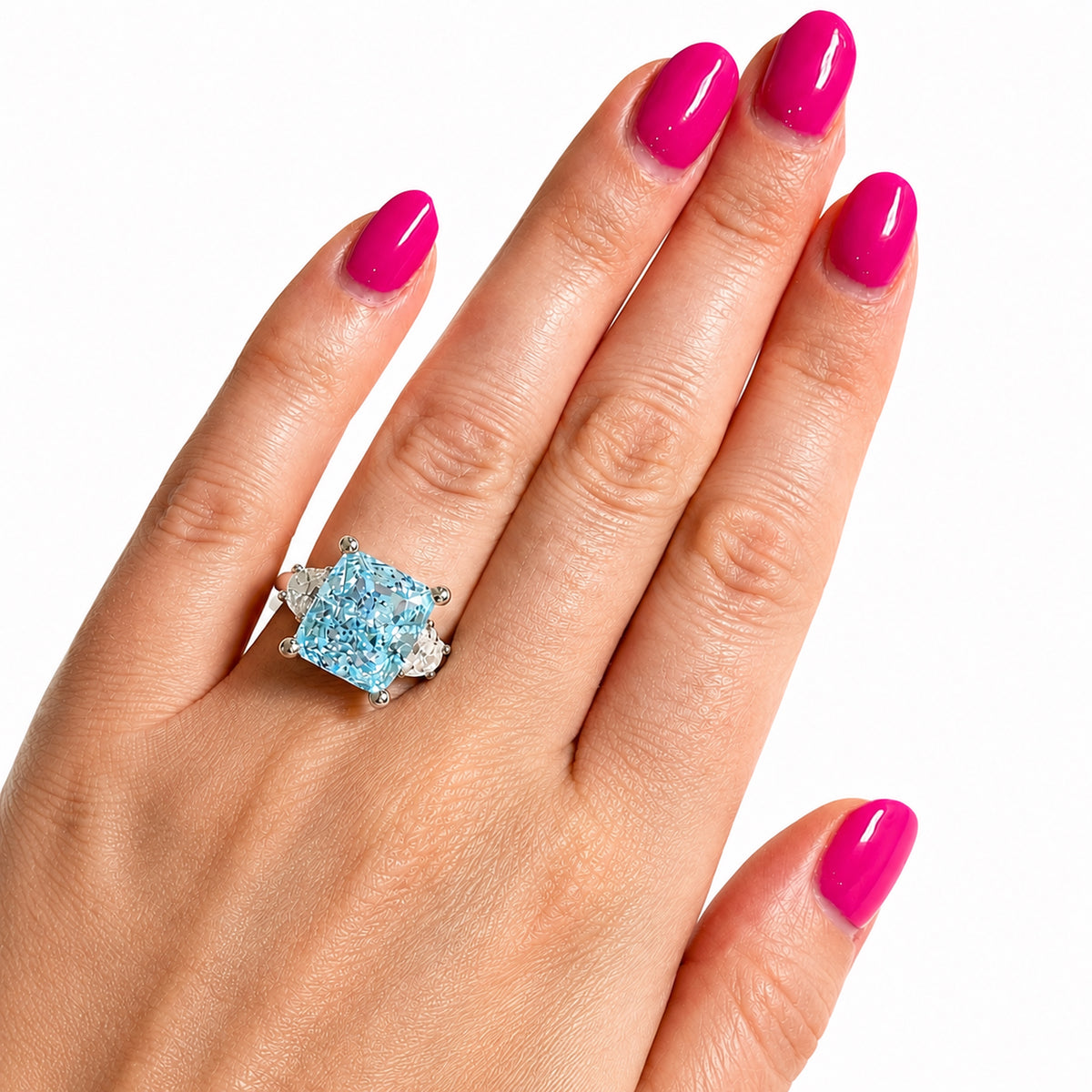 Haute Couture Composers Collection Radiant Crushed Ice Cut 12 Carat Light Aquamarine-Hued Ring with White Half Moon Accents