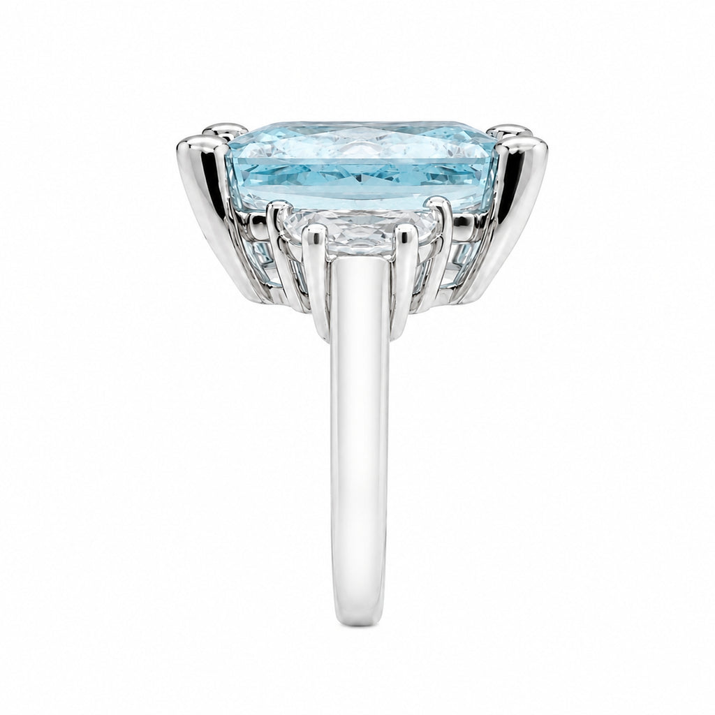 Haute Couture Composers Collection Radiant Crushed Ice Cut 12 Carat Light Aquamarine-Hued Ring with White Half Moon Accents